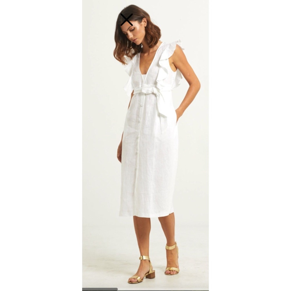 Marie Oliver‎ 100% Linen Midi Dress XS Ruffle Shoulder Button Front White
